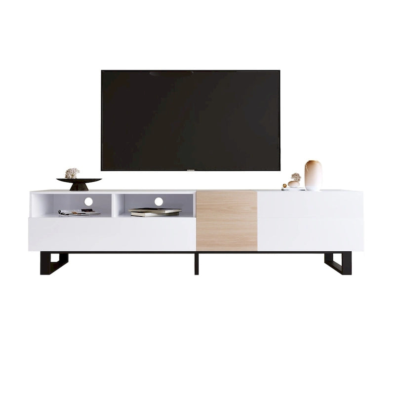 Meuble TV blanc moderne avec portes abattantes et étagères réglables