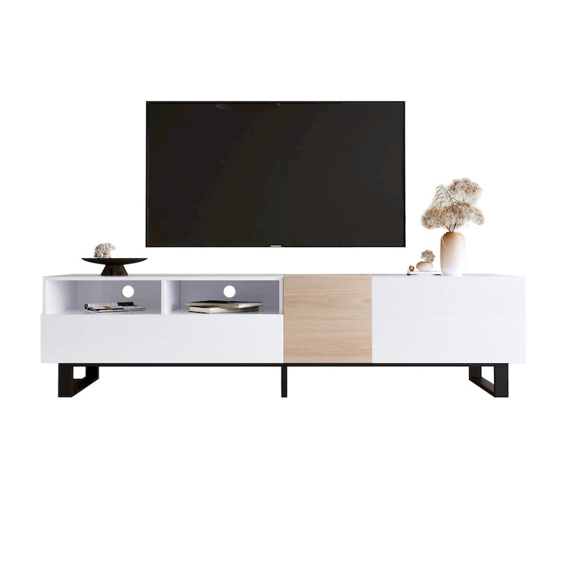 Meuble TV blanc moderne avec portes abattantes et étagères réglables