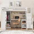 Lit mezzanine en métal blanc avec bureau, armoire, étagères de rangement dans les escaliers et ports USB