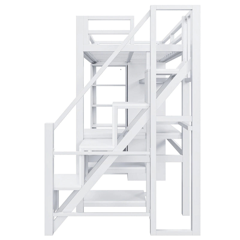 White Loft Bed w/Desk, Wardrobe & Stepped Stairs, Metal Loft Bed Storage Bed Frame w/ USB Ports & 5-Layer Shelf for Adults, Kids
