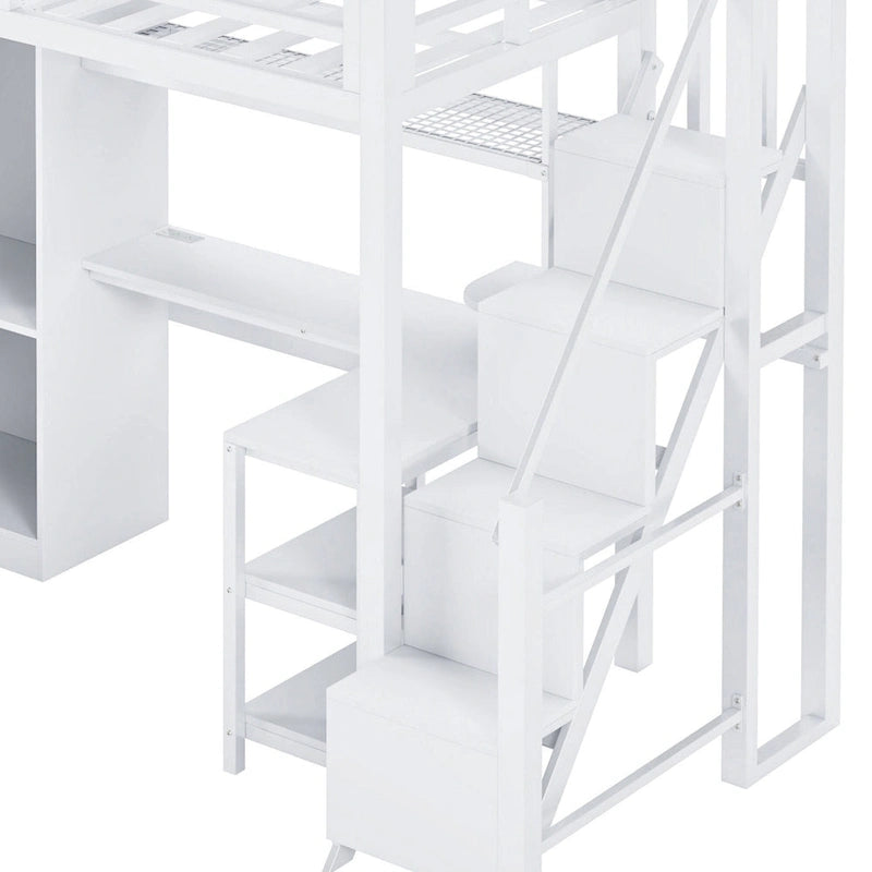 Lit mezzanine en métal blanc avec bureau, armoire, étagères de rangement dans les escaliers et ports USB