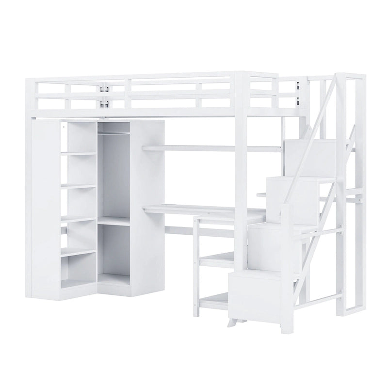 Lit mezzanine en métal blanc avec bureau, armoire, étagères de rangement dans les escaliers et ports USB