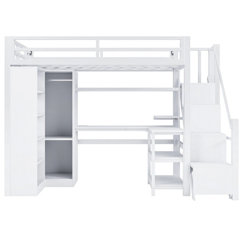 Lit mezzanine en métal blanc avec bureau, armoire, étagères de rangement dans les escaliers et ports USB