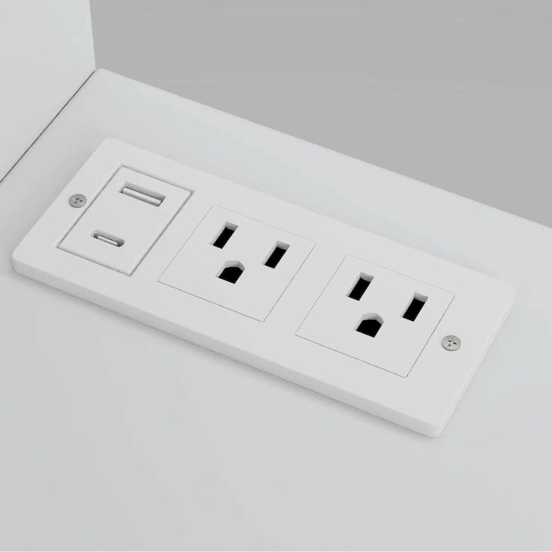 Lit mezzanine en métal blanc avec bureau, armoire, étagères de rangement dans les escaliers et ports USB