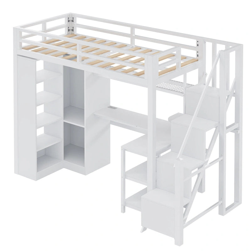 Lit mezzanine en métal blanc avec bureau, armoire, étagères de rangement dans les escaliers et ports USB