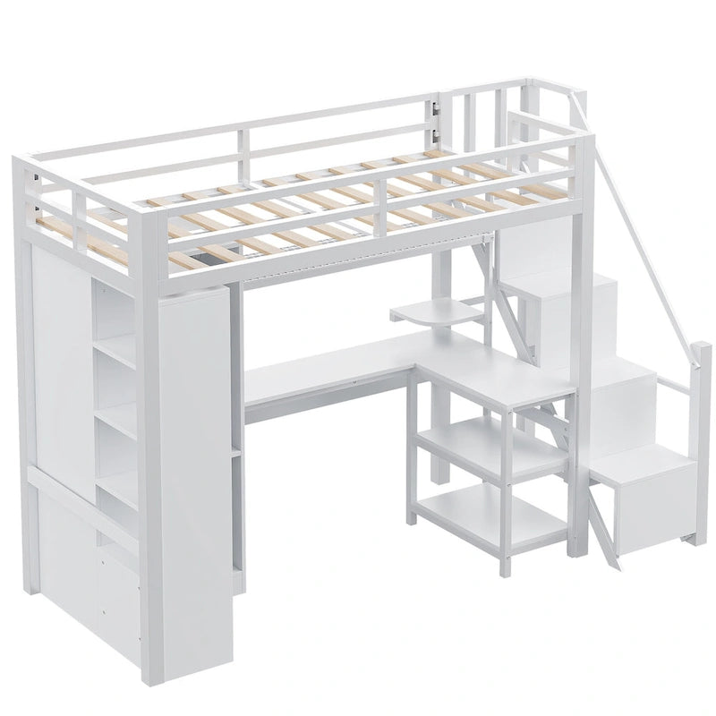 Lit mezzanine en métal blanc avec bureau, armoire, étagères de rangement dans les escaliers et ports USB