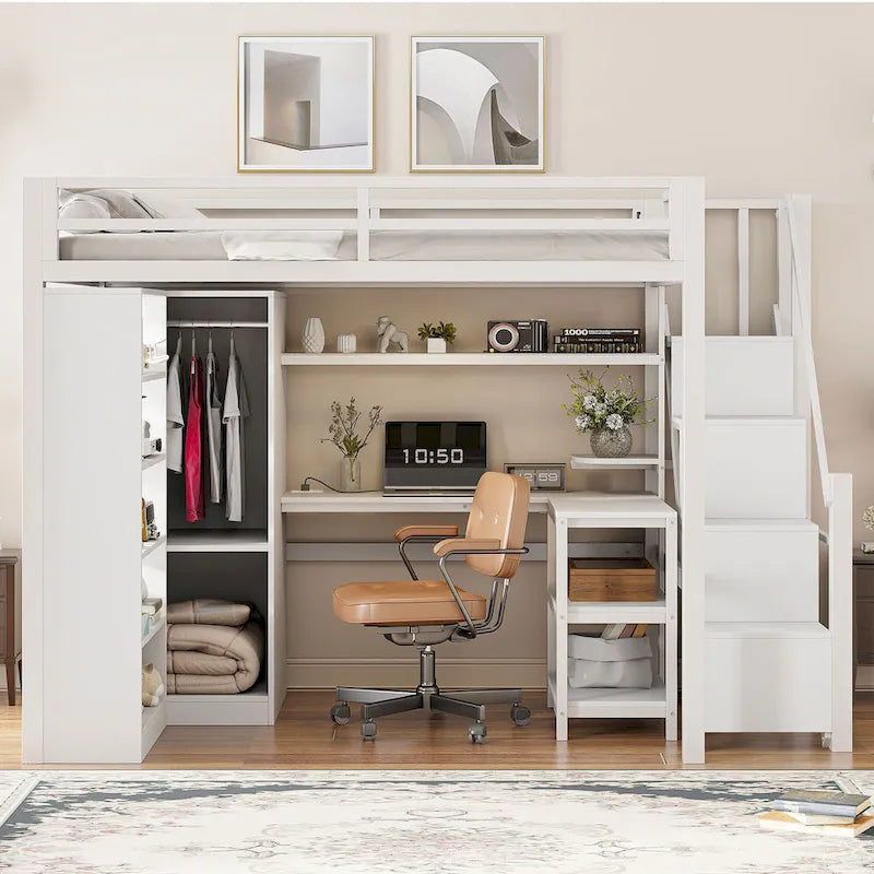Lit mezzanine en métal blanc avec bureau, armoire, étagères de rangement dans les escaliers et ports USB