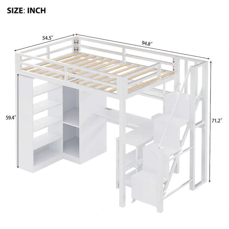 Lit mezzanine en métal blanc avec bureau, armoire, étagères de rangement dans les escaliers et ports USB