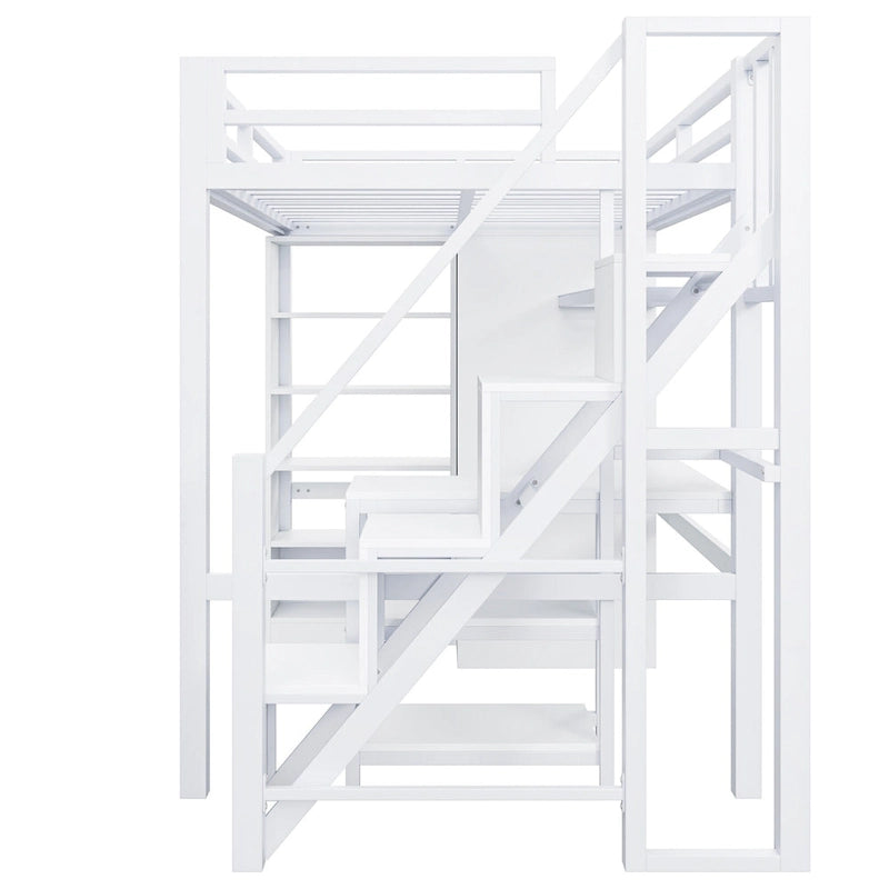 Lit mezzanine en métal blanc avec bureau, armoire, étagères de rangement dans les escaliers et ports USB
