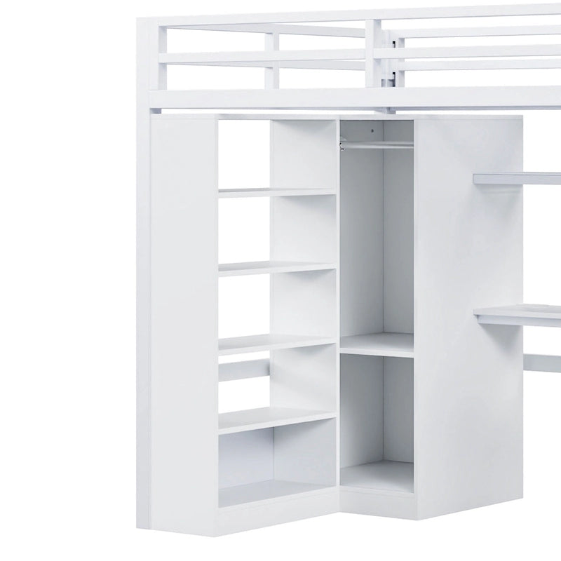 Lit mezzanine en métal blanc avec bureau, armoire, étagères de rangement dans les escaliers et ports USB