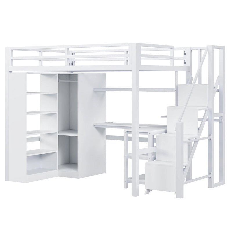 Lit mezzanine en métal blanc avec bureau, armoire, étagères de rangement dans les escaliers et ports USB