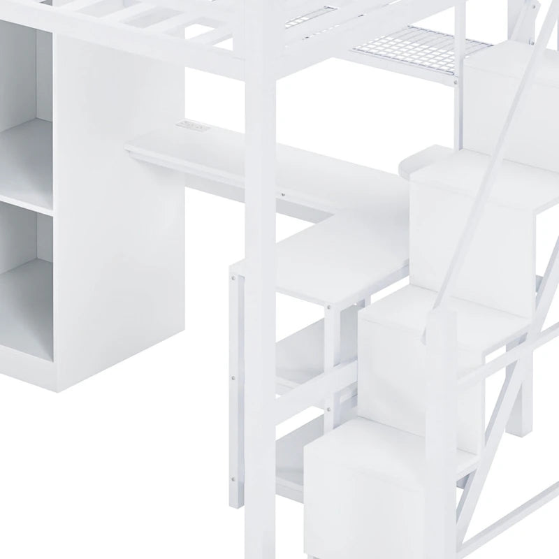 Lit mezzanine en métal blanc avec bureau, armoire, étagères de rangement dans les escaliers et ports USB