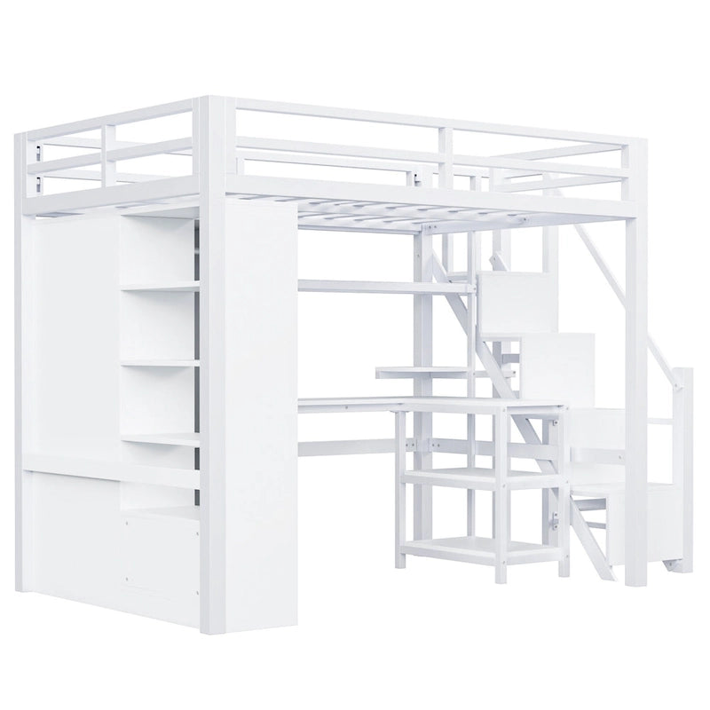 Lit mezzanine en métal blanc avec bureau, armoire, étagères de rangement dans les escaliers et ports USB