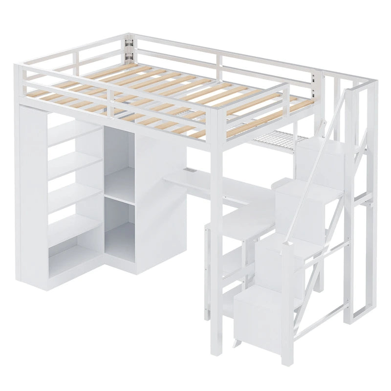 Lit mezzanine en métal blanc avec bureau, armoire, étagères de rangement dans les escaliers et ports USB