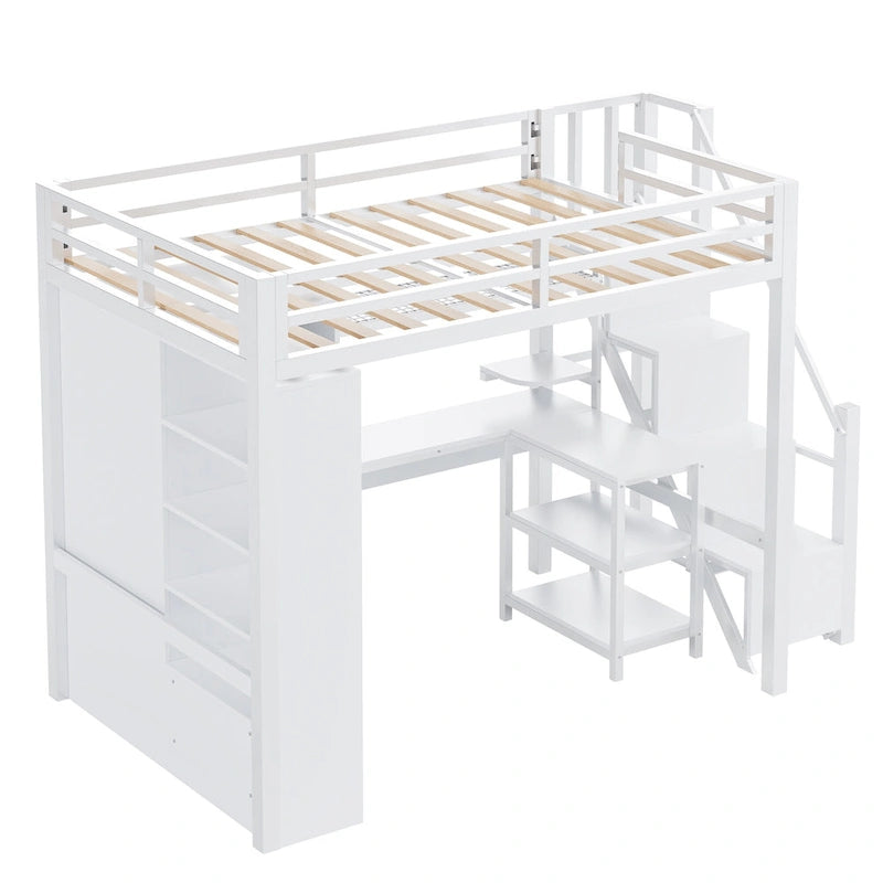 Lit mezzanine en métal blanc avec bureau, armoire, étagères de rangement dans les escaliers et ports USB