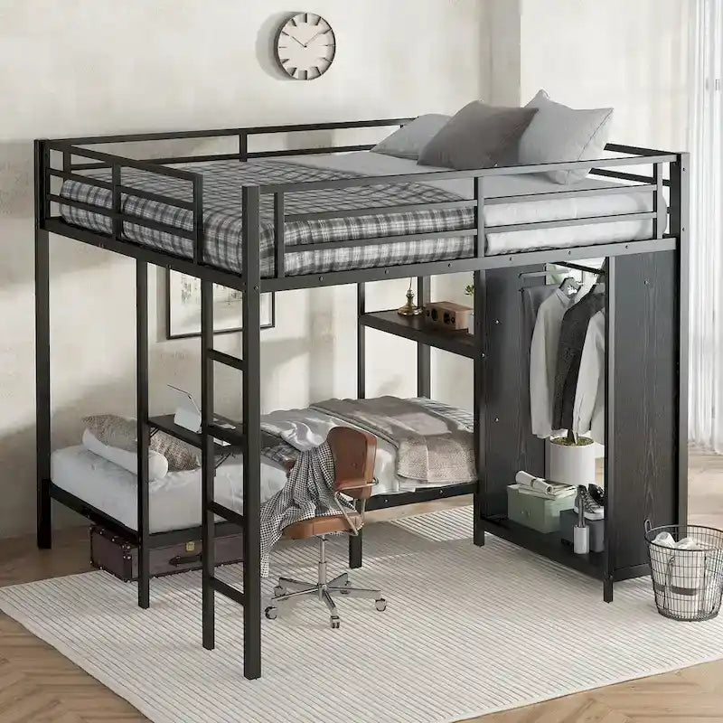 Lit superposé en métal avec armoire intégrée, bureau pliant et étagère, noir