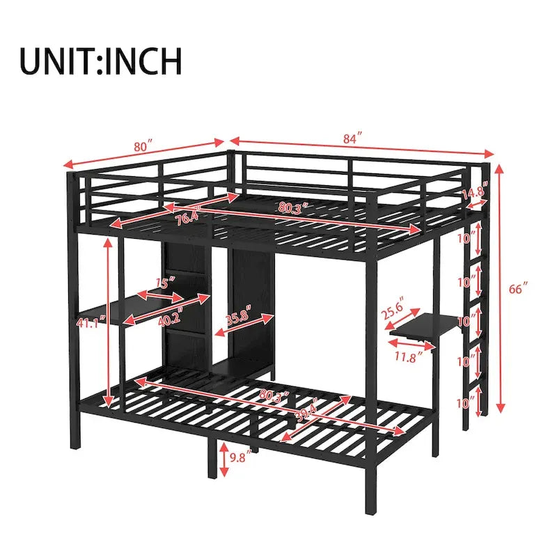 Lit superposé en métal avec armoire intégrée, bureau pliant et étagère, noir