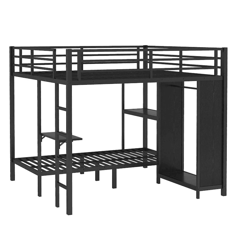 Lit superposé en métal avec armoire intégrée, bureau pliant et étagère, noir