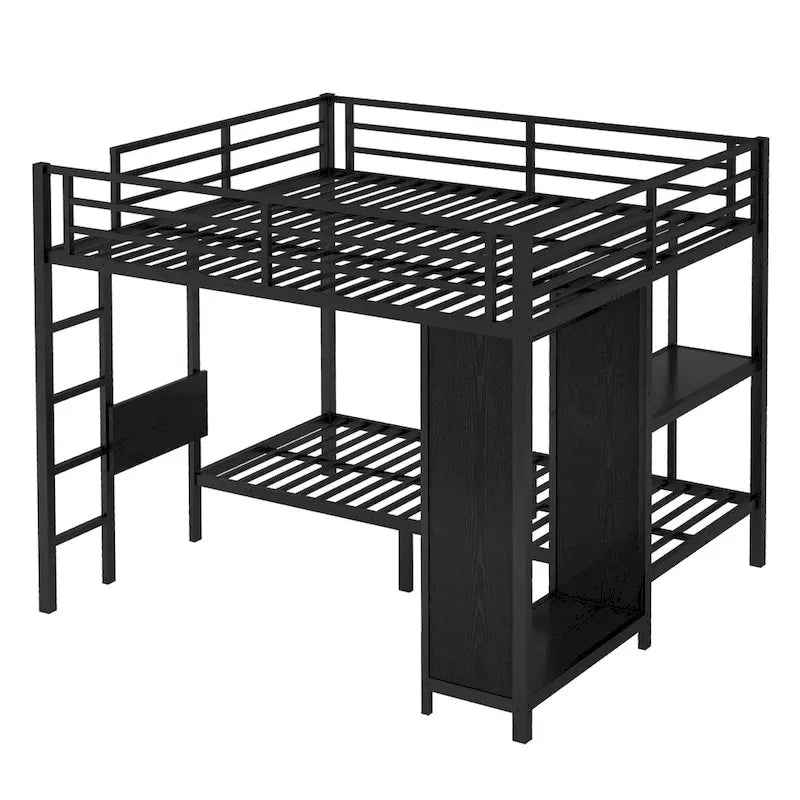 Lit superposé en métal avec armoire intégrée, bureau pliant et étagère, noir