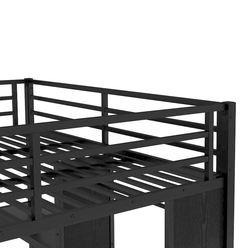 Lit superposé en métal avec armoire intégrée, bureau pliant et étagère, noir