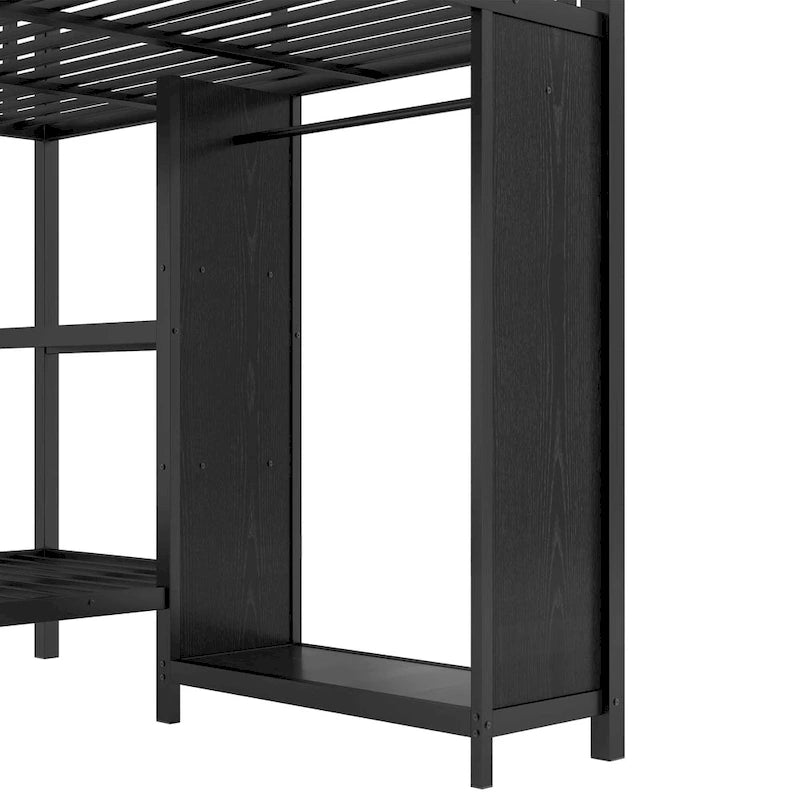 Lit superposé en métal avec armoire intégrée, bureau pliant et étagère, noir