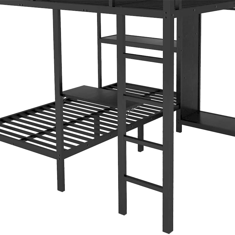 Lit superposé en métal avec armoire intégrée, bureau pliant et étagère, noir