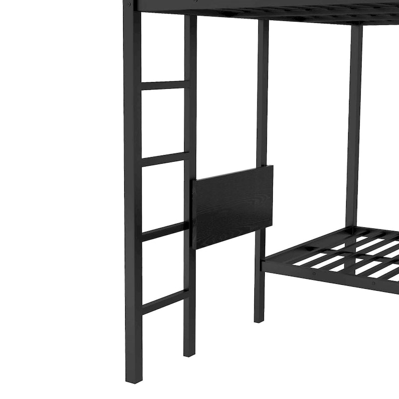 Lit superposé en métal avec armoire intégrée, bureau pliant et étagère, noir
