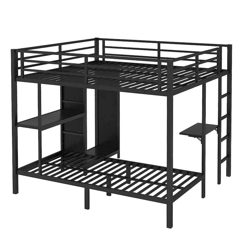 Lit superposé en métal avec armoire intégrée, bureau pliant et étagère, noir