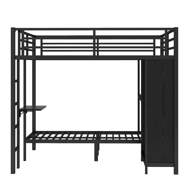 Lit superposé en métal avec armoire intégrée, bureau pliant et étagère, noir