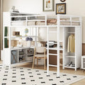 Lit mezzanine en métal pleine grandeur blanc cassé avec armoire, bureau en L et étagères de rangement
