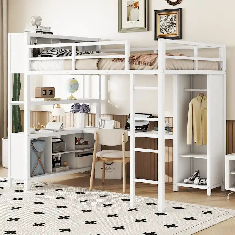 Lit mezzanine en métal pleine grandeur blanc cassé avec armoire, bureau en L et étagères de rangement