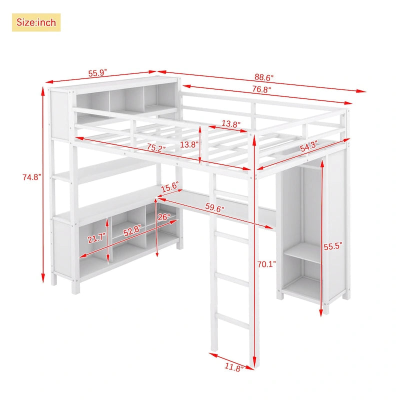 Lit mezzanine en métal pleine grandeur blanc cassé avec armoire, bureau en L et étagères de rangement