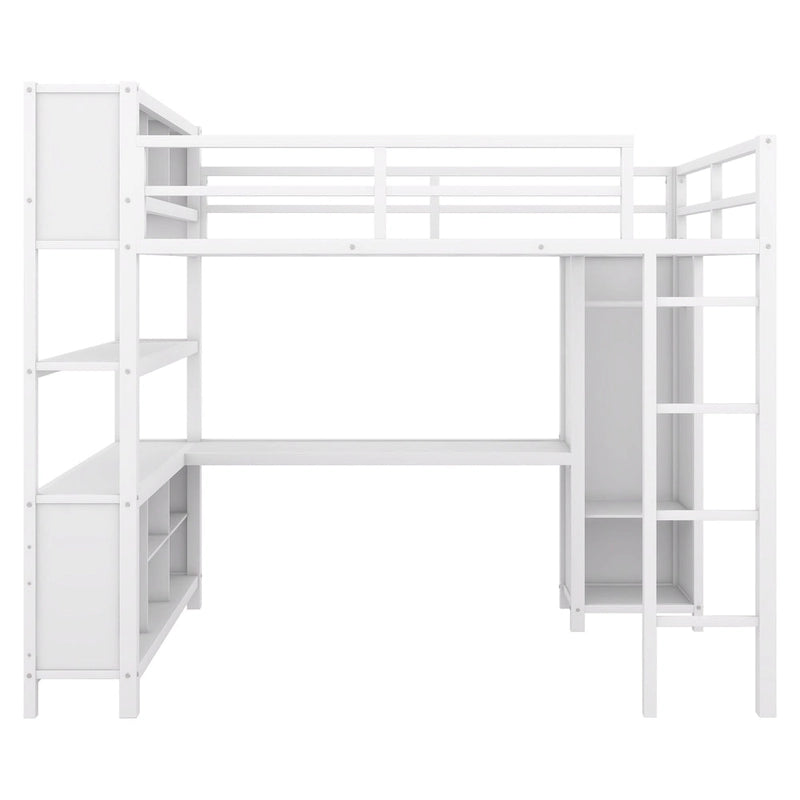 Lit mezzanine en métal pleine grandeur blanc cassé avec armoire, bureau en L et étagères de rangement