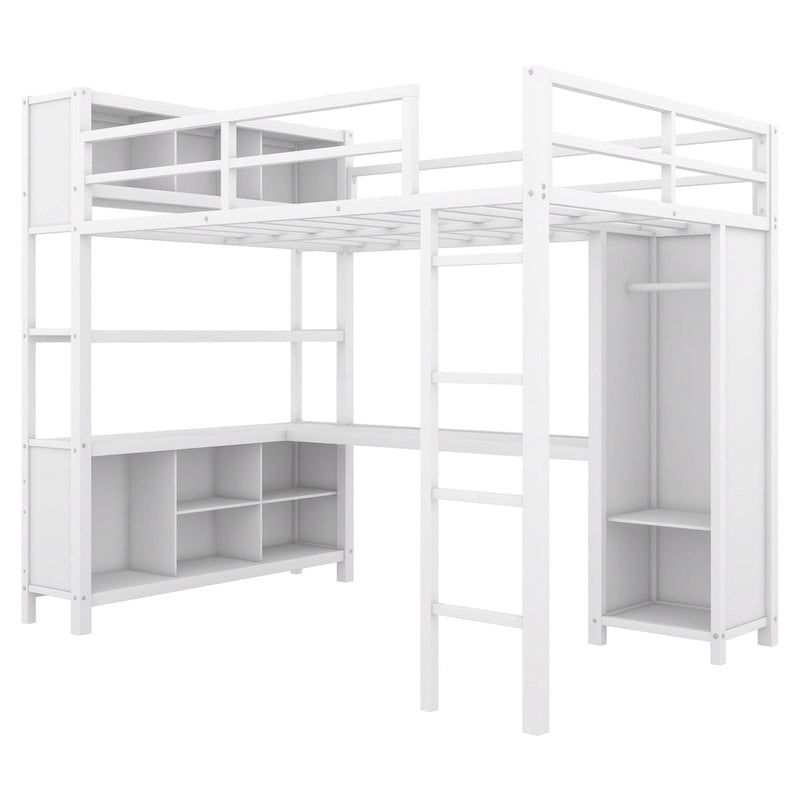 Lit mezzanine en métal pleine grandeur blanc cassé avec armoire, bureau en L et étagères de rangement