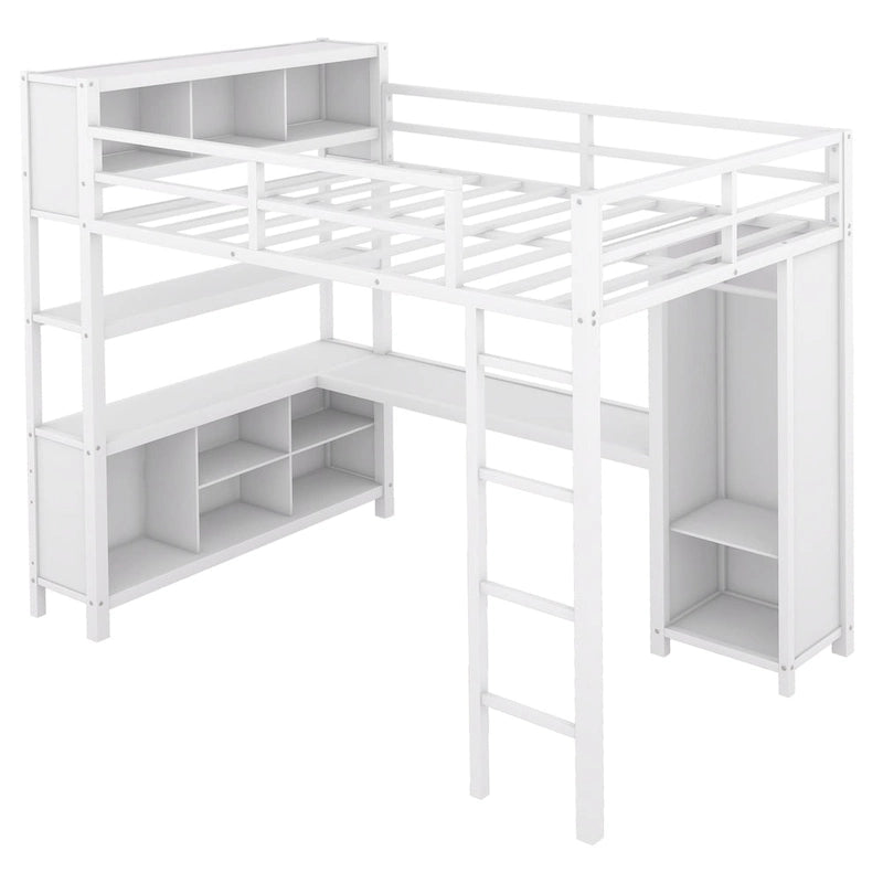 Lit mezzanine en métal pleine grandeur blanc cassé avec armoire, bureau en L et étagères de rangement