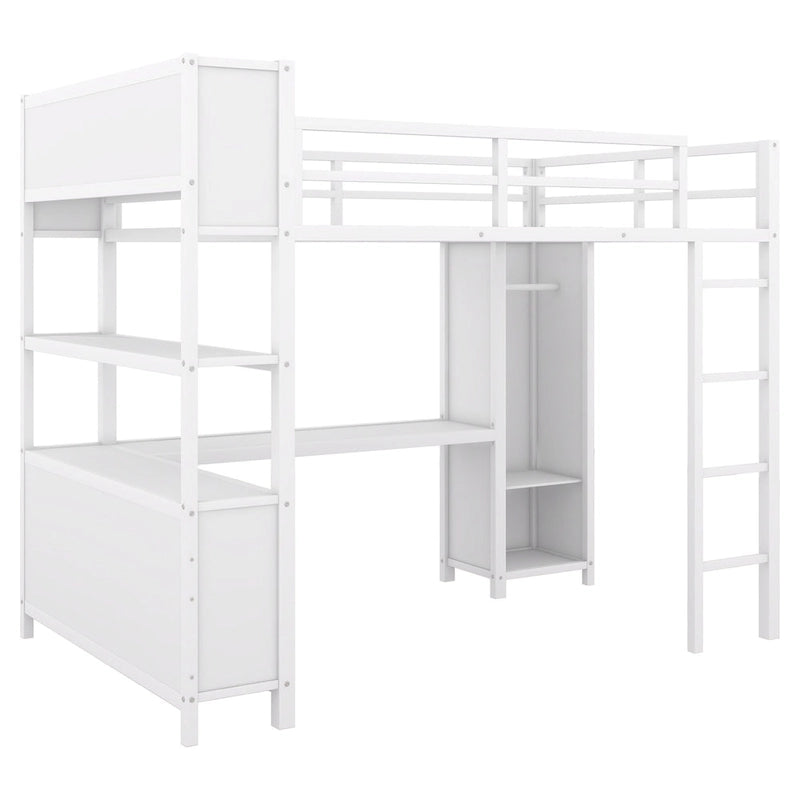Lit mezzanine en métal pleine grandeur blanc cassé avec armoire, bureau en L et étagères de rangement