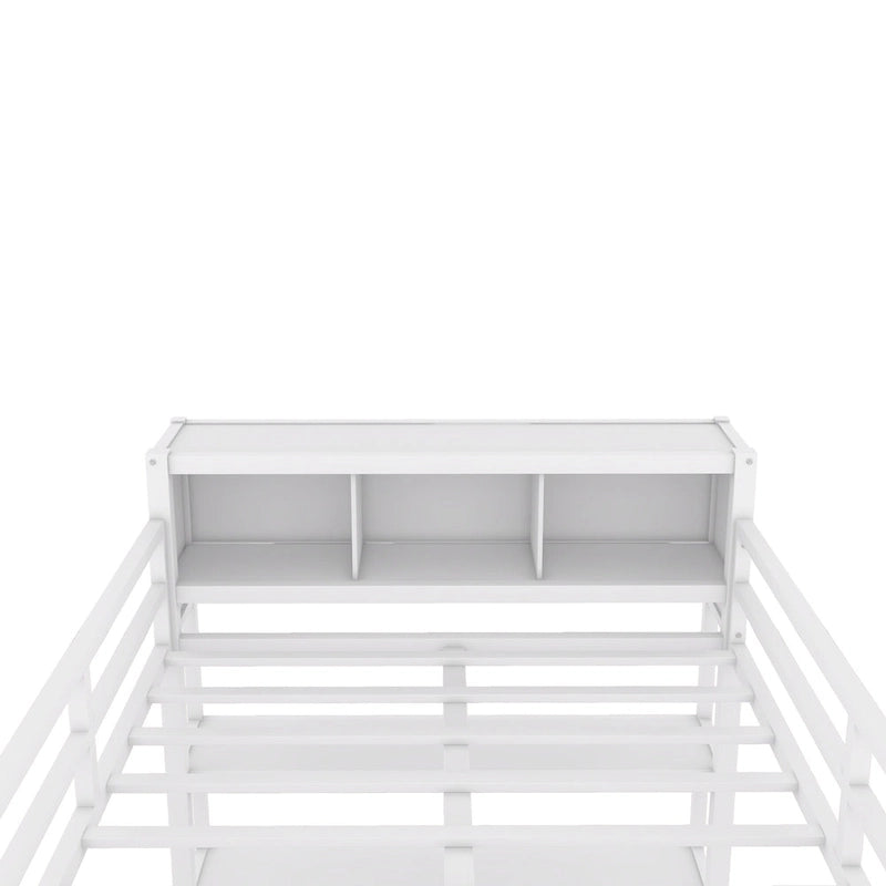 Lit mezzanine en métal pleine grandeur blanc cassé avec armoire, bureau en L et étagères de rangement