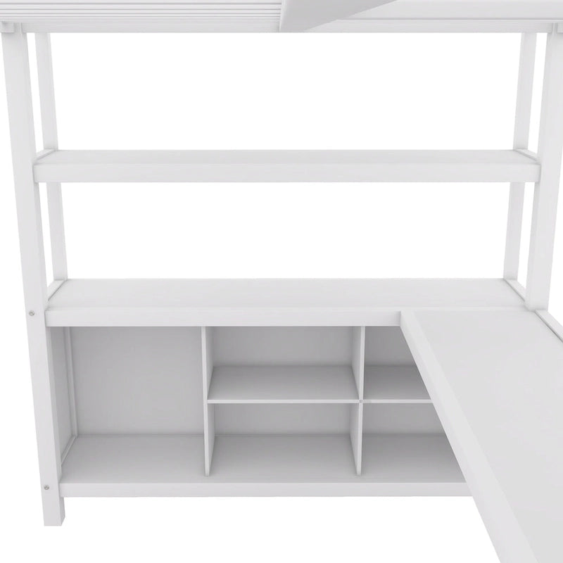 Lit mezzanine en métal pleine grandeur blanc cassé avec armoire, bureau en L et étagères de rangement