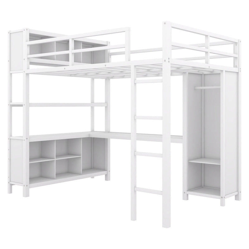 Lit mezzanine en métal pleine grandeur blanc cassé avec armoire, bureau en L et étagères de rangement