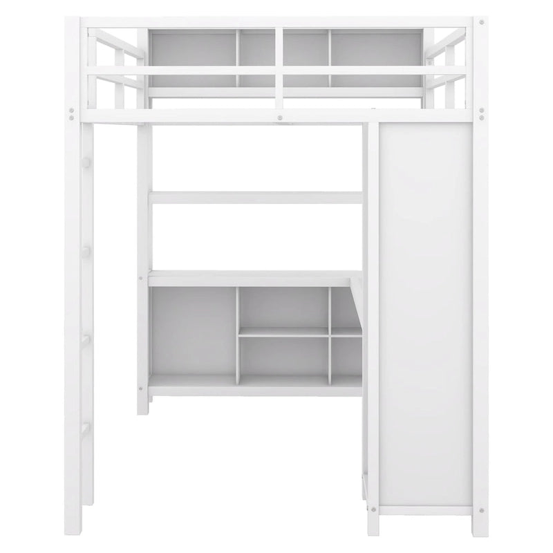 Lit mezzanine en métal pleine grandeur blanc cassé avec armoire, bureau en L et étagères de rangement