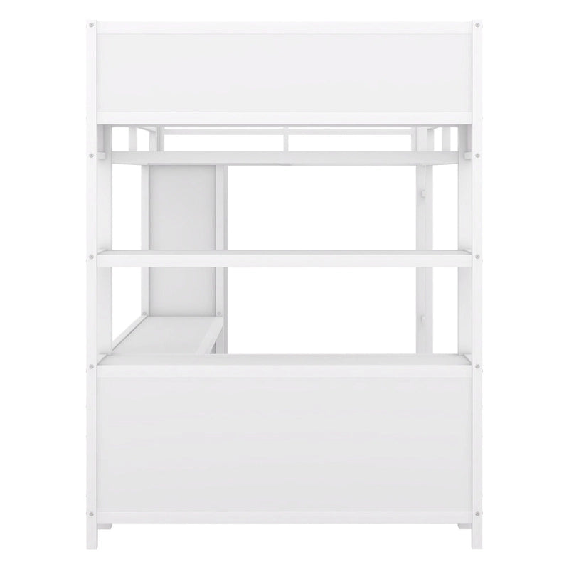 Lit mezzanine en métal pleine grandeur blanc cassé avec armoire, bureau en L et étagères de rangement