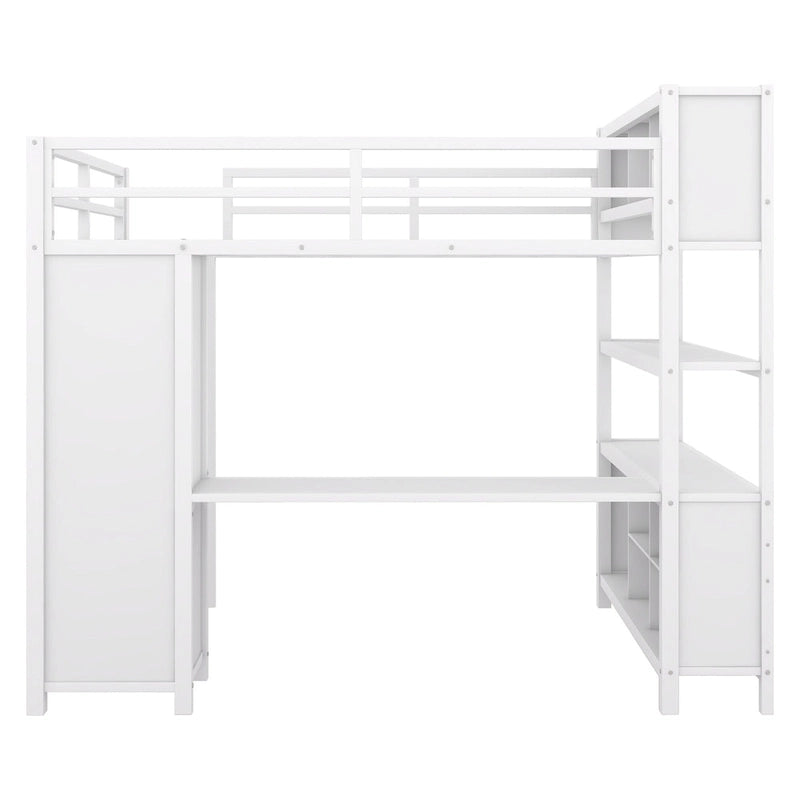 Lit mezzanine en métal pleine grandeur blanc cassé avec armoire, bureau en L et étagères de rangement