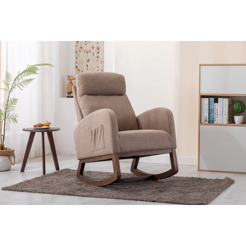Fauteuil à bascule d'appoint en tissu rembourré avec pieds en bois, poches latérales, multicolore