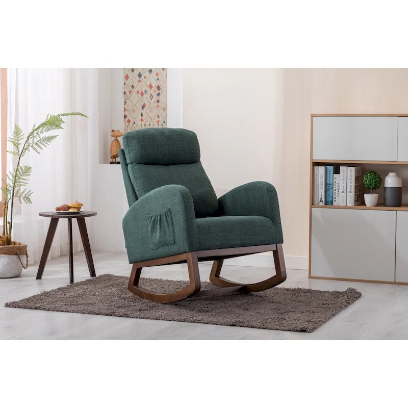 Fauteuil à bascule d'appoint en tissu rembourré avec pieds en bois, poches latérales, multicolore