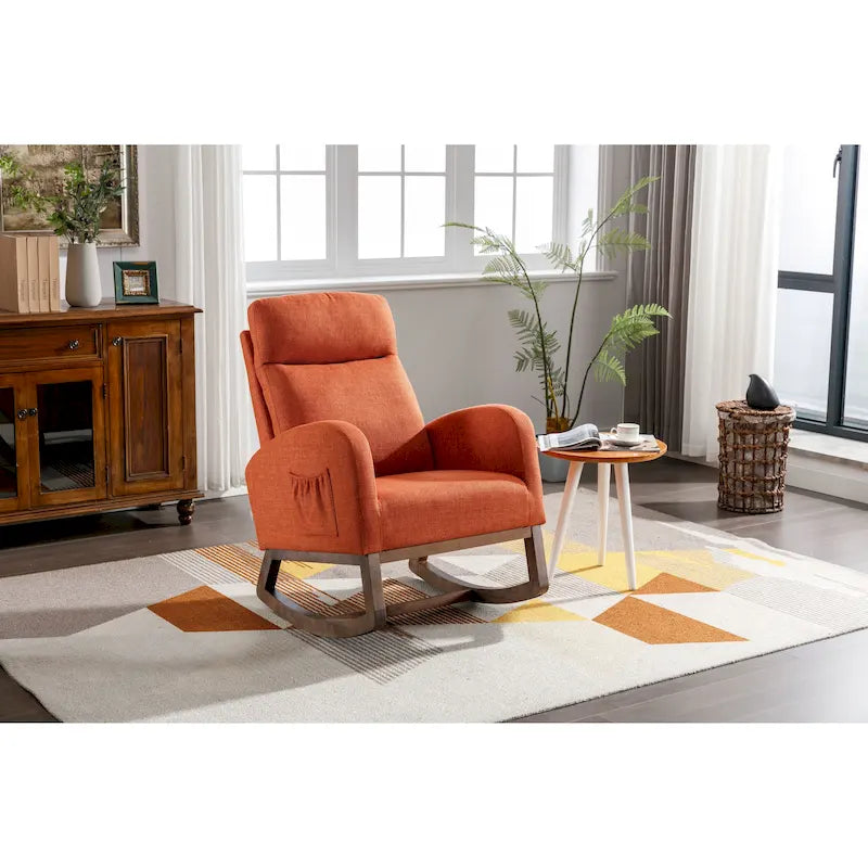 Fauteuil à bascule d'appoint en tissu rembourré avec pieds en bois, poches latérales, multicolore