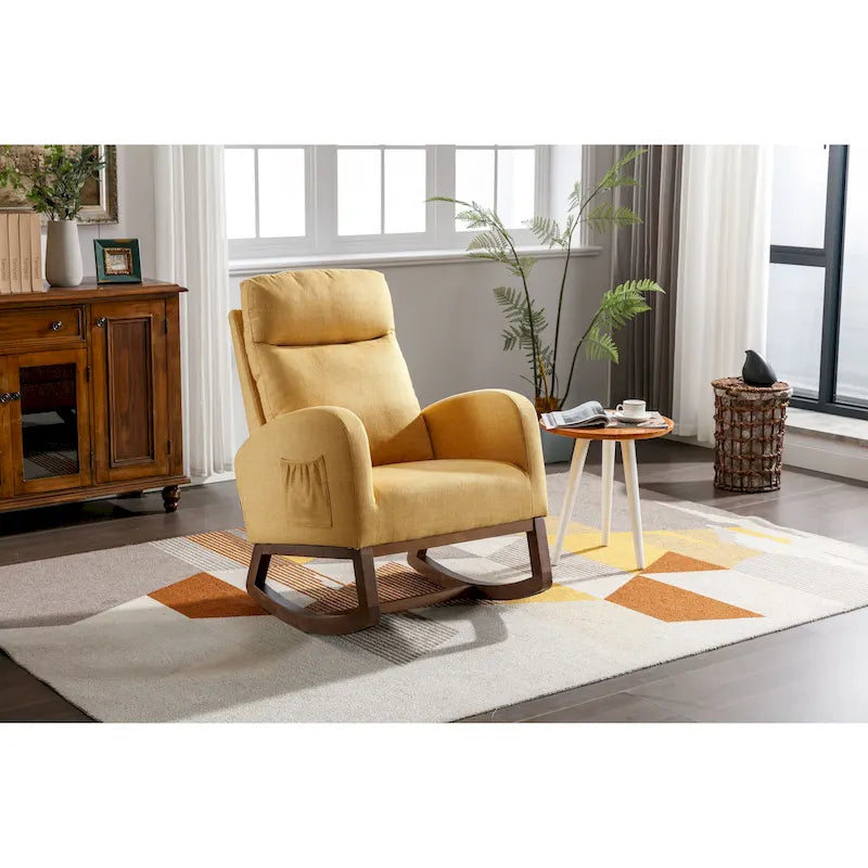 Fauteuil à bascule d'appoint en tissu rembourré avec pieds en bois, poches latérales, multicolore