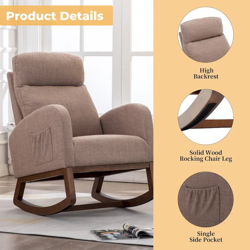 Fauteuil à bascule d'appoint en tissu rembourré avec pieds en bois, poches latérales, multicolore