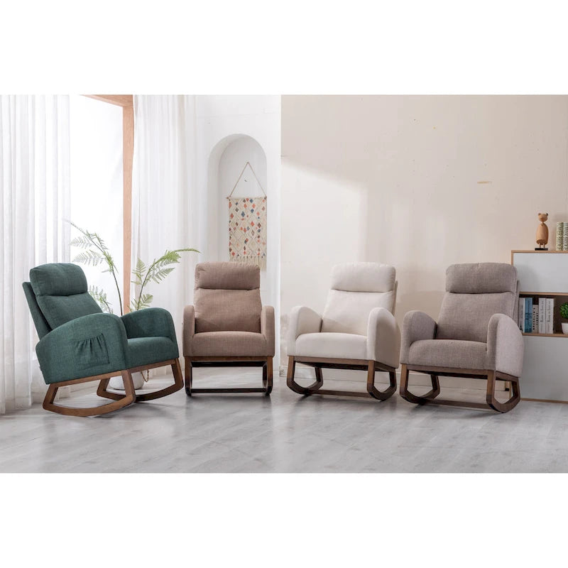 Fauteuil à bascule d'appoint en tissu rembourré avec pieds en bois, poches latérales, multicolore