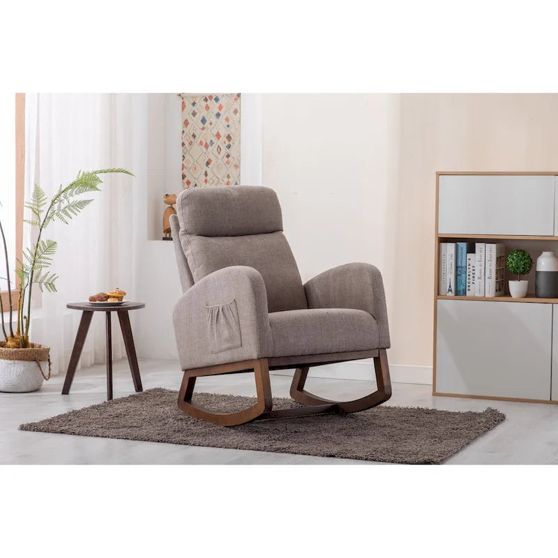 Fauteuil à bascule d'appoint en tissu rembourré avec pieds en bois, poches latérales, multicolore