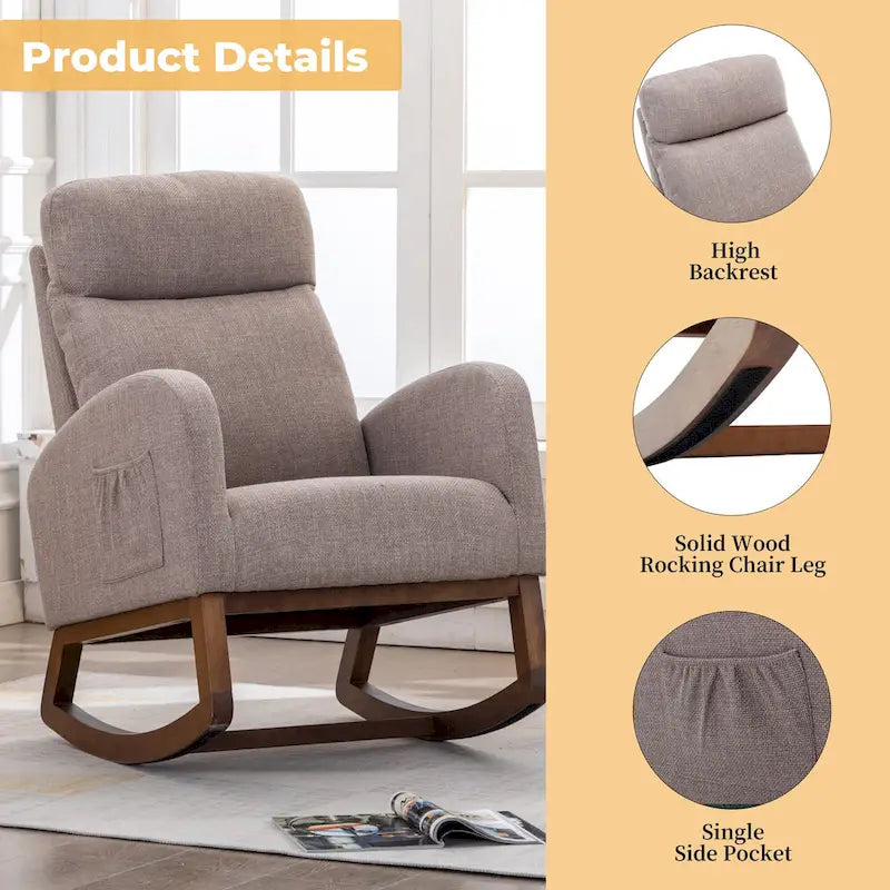 Fauteuil à bascule d'appoint en tissu rembourré avec pieds en bois, poches latérales, multicolore
